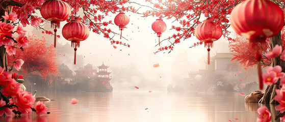 Happy Chinese new year of Golden Lanterns Chinese in river and plant red flower, Culture Traditional Design background copy space	
