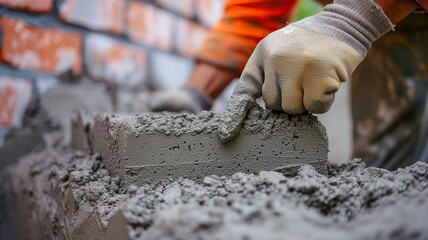 close up hand of worker building brick walls generative ai