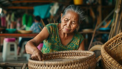 Art of Handcraft: Southeast Asian Woman Skillfully Making a Rattan Basket - obrazy, fototapety, plakaty
