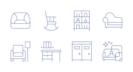 Furniture icons. Editable stroke. Containing beanbag, armchair, rockingchair, desk, shelving, dressingroom, sofa, furniture.