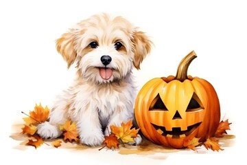 Naklejka na ściany i meble Puppy with pumpkin jack o lantern and maple leaves isolated on white background