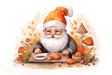 watercolor illustration of gnome with pumpkins and mushrooms on a white background