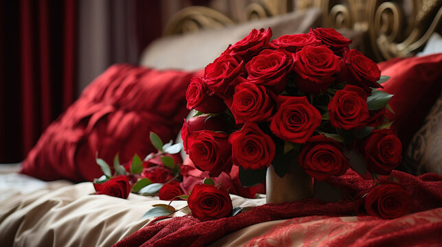 Bouquet of red roses on bed with red pillow, Valentine day background. Created with Ai