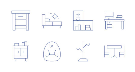 Furniture icons. Editable stroke. Containing nightstand, wardrobe, bed, beanbag, storage, coatrack, workspace, table.