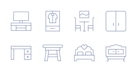Furniture icons. Editable stroke. Containing tvtable, desk, closet, table, dinnertable, bed, cupboard, furniture.