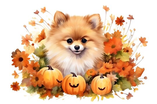 Pomeranian dog with pumpkins and autumn leaves. Vector illustration.