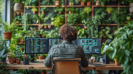 Innovative Developer Engages with Modern Technology in Green Office.
