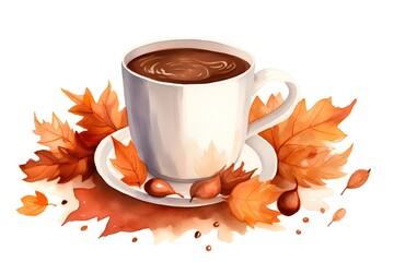 Cup of hot chocolate with autumn leaves. Watercolor illustration.