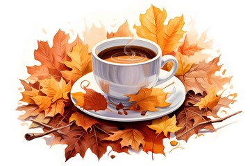 Cup of coffee with autumn leaves on white background. Vector illustration.