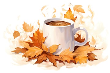 Cup of coffee with autumn leaves on white background. Vector illustration.