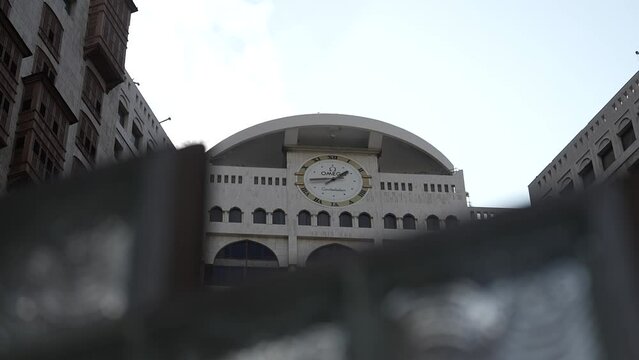View of the building with a big wall clock