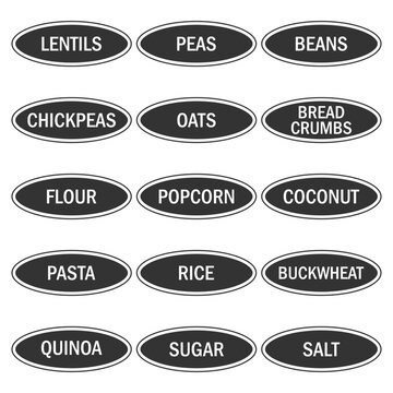 Stickers, labels for jars of cereals.Set of 15 vector stickers with the names of cereals in English.Flour,oatmeal,buckwheat,rice,peas,sugar, etc.