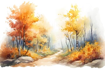Autumn forest. Watercolor painting on paper. Vector illustration.