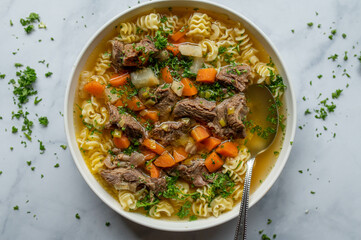 Clear beef soup or stew with noodles and root vegetables isolated on light background.