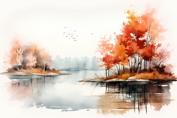Naklejka na ściany i meble Autumn landscape with lake and forest. Digital watercolor painting.