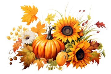 Autumn composition with pumpkins, sunflowers and leaves isolated on white background