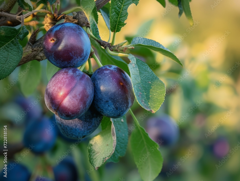 Canvas Prints Clusters of ripe damsons on a branch in soft light.