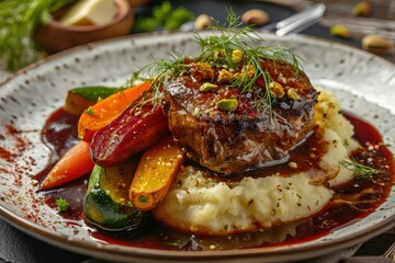 Veal Cheeks and Baked Vegetables, Demi Glace Sauce, Mashed Potatoes, Fried Beef