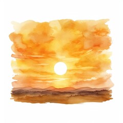 Watercolor Sun, Sun rays, Sunset or Sunrise Hand Drawn Imitation of Watercolor Solar Picture Isolated