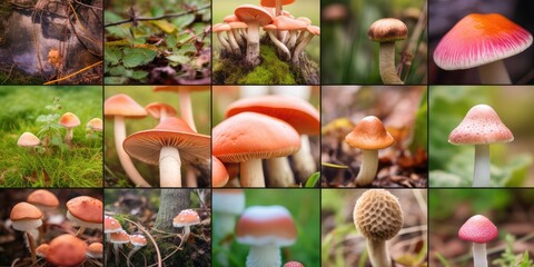 Wild Edible Mushrooms Collage. Various Mushroom Hunting Photo Collection - obrazy, fototapety, plakaty