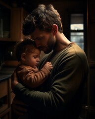 Obraz premium A man hugging a baby in a children's room, cinematic light, sunlight. Father-child relationship. Dad holds his son in his arms. Father's Day