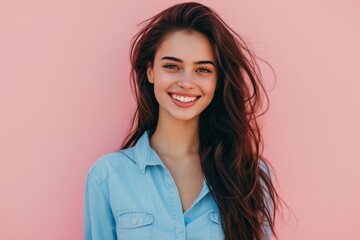 Fototapeta premium Confident Brunette Woman with Wavy Hair on Pink Background