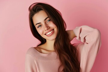 Confident Brunette Woman with Wavy Hair on Pink Background