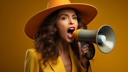 woman announcing on megaphone isolated on background with copy space.