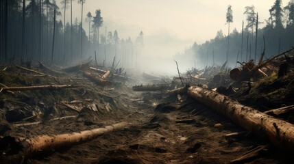 The cut down forest. Deforestation for arable land. felled tree trunks. Conservation of nature. prohibition of cutting down trees.