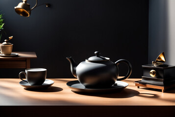 Teapot with tea mug are on table at interior for tea with guests indoors. Ad background for tea ceremony in interior in cozy house. Concept of home comfort and relaxation. Copy advertising text space