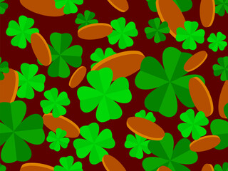 Seamless pattern with green clover leaves and gold coins for St. Patrick's Day. Symbols of the Irish holiday. Festive design for wallpaper, banner and cover. Vector illustration