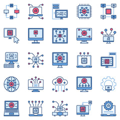 Artificial Intelligence Computer colored icons set. AI PC Technology concept signs