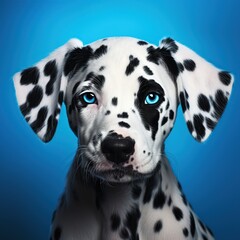 Cute dalmatian puppy with blue eyes on blue background