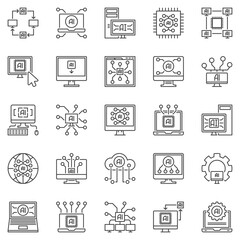 Computer with AI outline icons set - Artificial Intelligence in PC Digital Technology concept symbols