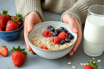 Oatmeal with Fresh Berries and Milk in Woman Hands