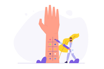 Process of laboratory skin prick allergy test concept. Vector illustration.