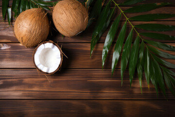 Fresh coconuts with palm leaves on wooden background flat lay