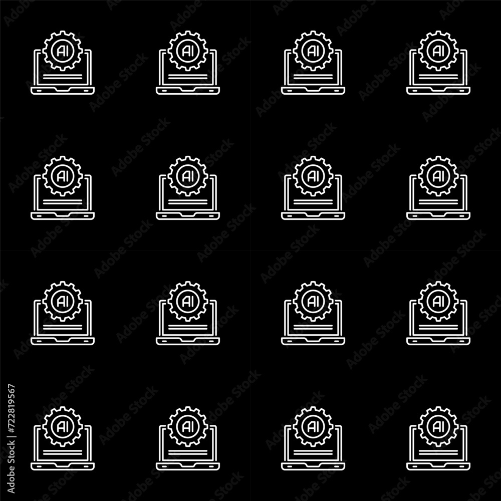 Poster artificial intelligence laptop with gear vector ai settings dark simple seamless pattern in outline 