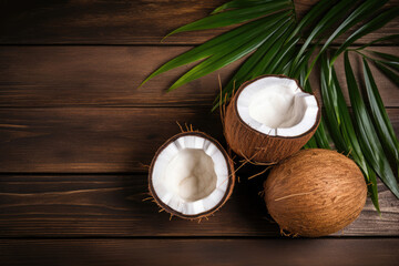Fototapeta na wymiar Coconuts with palm leaves on wooden background flat lay
