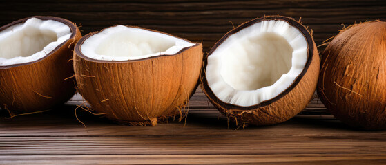 Fototapeta na wymiar Fresh raw coconuts closeup on wooden background