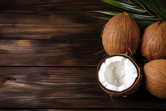 Coconuts with palm leaves on wooden background flat lay