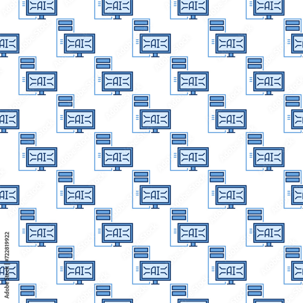 Poster desktop computer with artificial intelligence technology vector ai colored seamless pattern in thin 