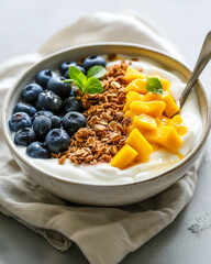 Delicious Yogurt Bowl with Blueberries, Mango, Granola, and a Spoon