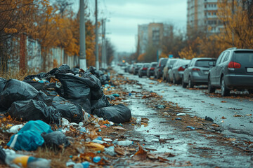 Piles of garbage in black bags are strewn along the road on a slushy autumn day