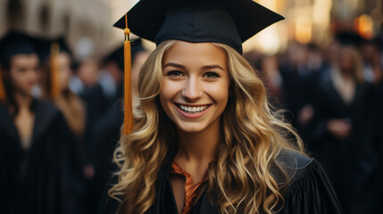 Graduate girl with master degree in black graduation robe and cap happy young woman careerist have success in her business. - obrazy, fototapety, plakaty