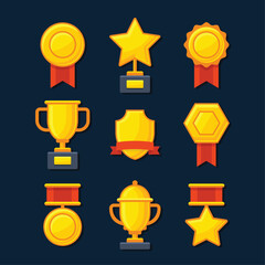 Trophy Awards Icons Set. Cartoon Style. Vector