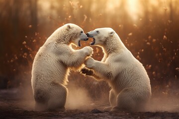 Two polar bears fighting in the forest at sunset. Two polar bears fighting. - obrazy, fototapety, plakaty