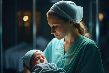 Nurse holding newborn baby in maternity hospital