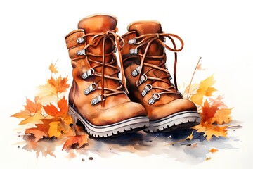 Watercolor illustration of boots with autumn leaves on a white background.
