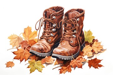 Hiking boots with autumn leaves isolated on white background. Watercolor illustration.